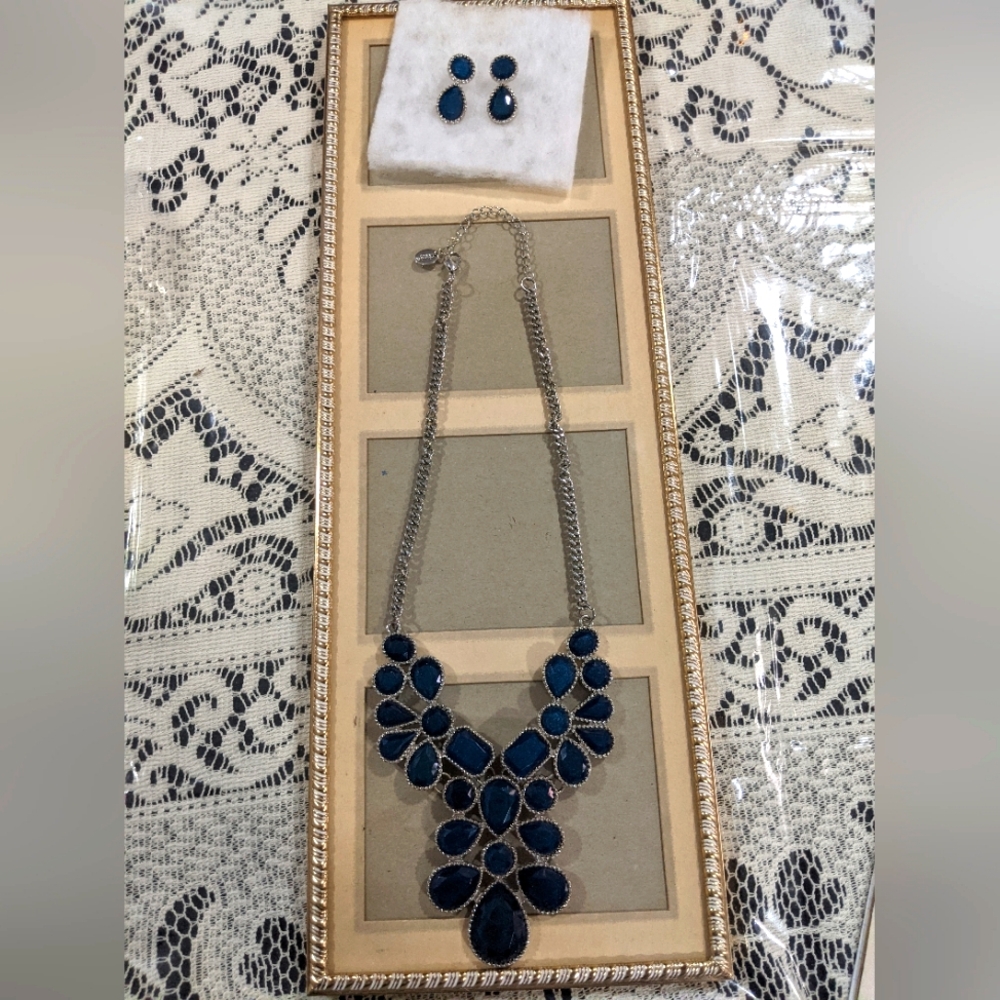 Women's Vintage Fashion Jewelry Necklace Earrings Set Blue Teardrop Floral Gift
